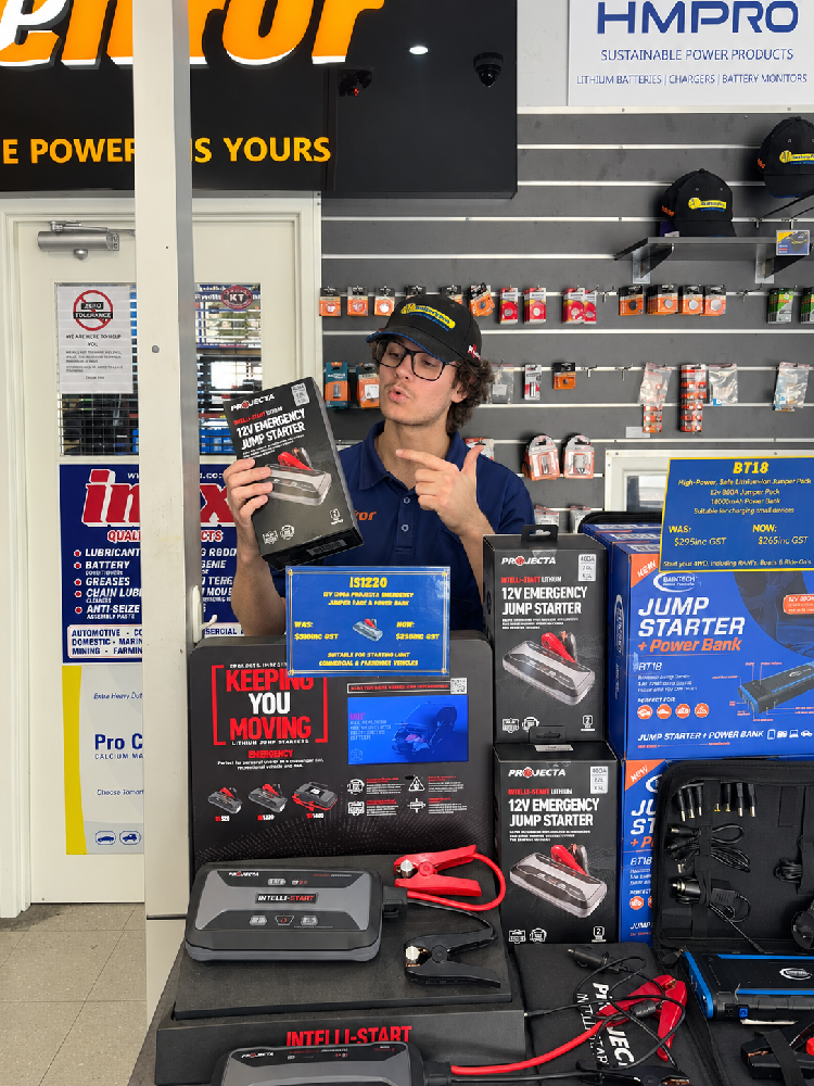 A1 Batterypro team member showcasing the Projecta Intelli-Start lithium jump starter range in store
